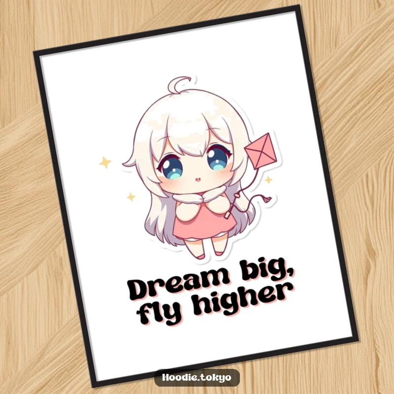 Funny free printable wall art depicting a character with sparkling eyes holding a tiny, whimsical kite, inspiring fun and imagination.