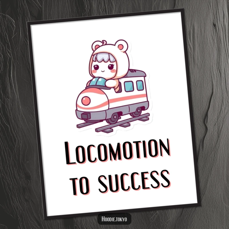 Funny Free Printable Wall Art: Adorable kawaii character humorously riding a tiny, whimsical bullet train, adding playful charm.