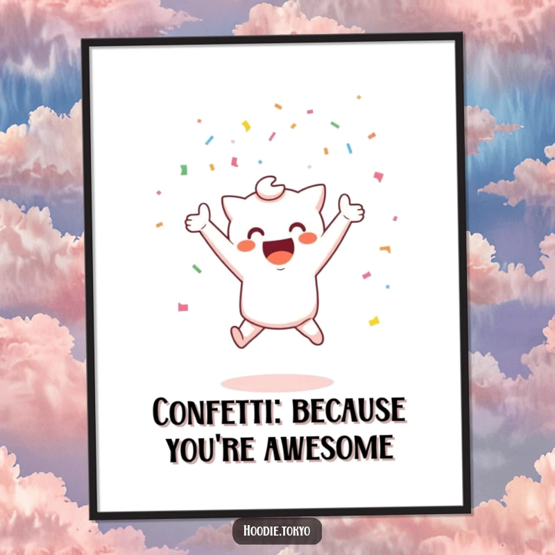 Funny Free Printable Wall Art: Cute Kawaii character in mid-air jump, with confetti raining down in celebration.