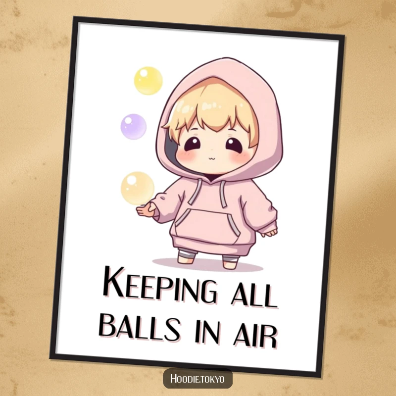 Funny Free Printable Wall Art: a character in an oversized hoodie skillfully juggles luminous, glowing orbs.