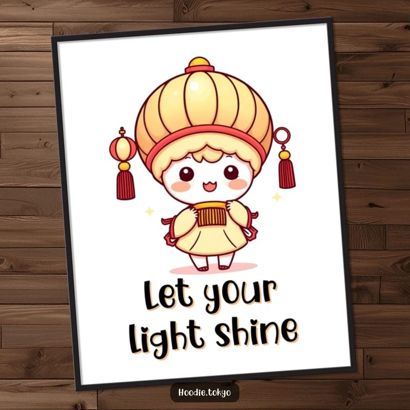 Funny Free Printable Wall Art: Kawaii character beaming brightly while holding an oversized, glowing festive lantern, perfect for cheerful decor.