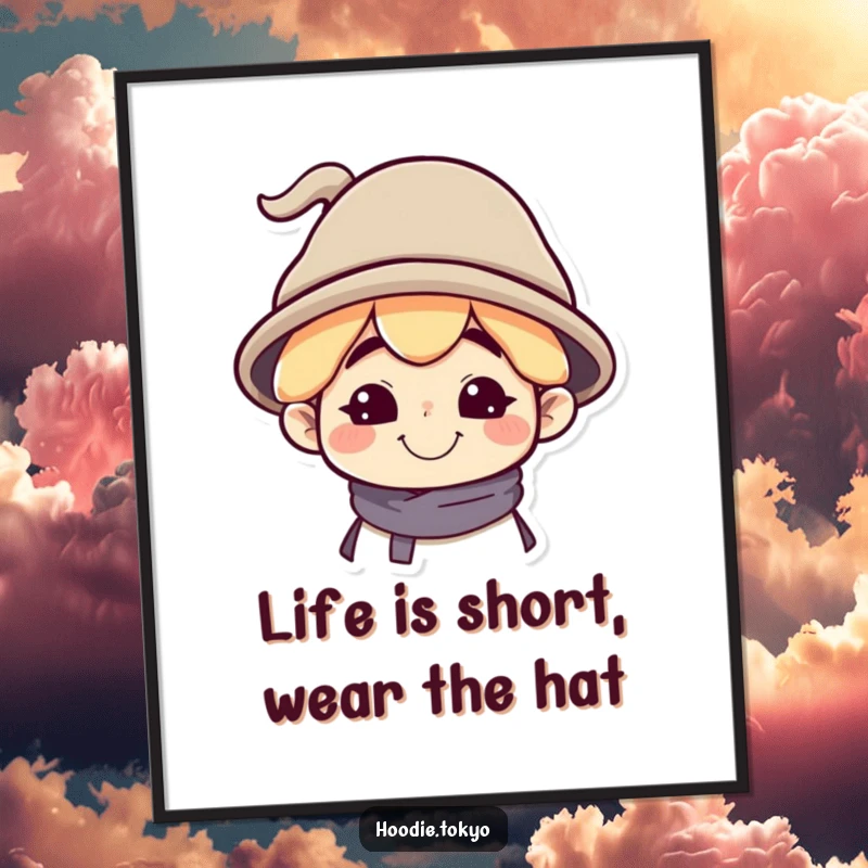 Funny free printable wall art of a character with a silly grin wearing a tilted, oversized hat, adding quirky charm.