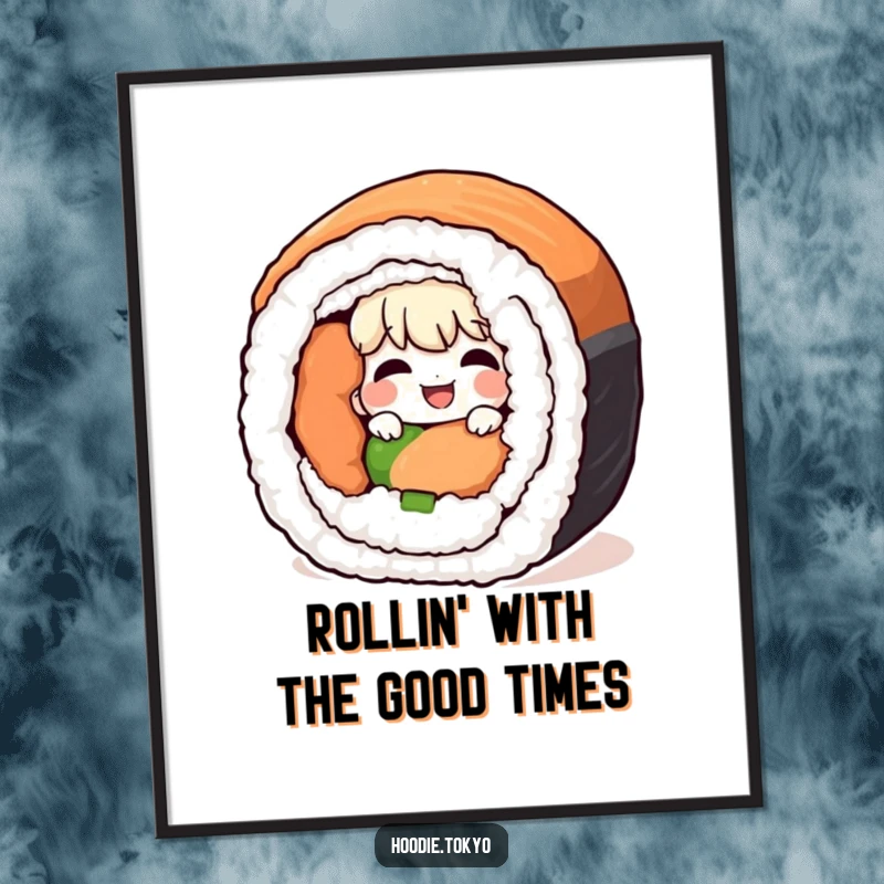 Funny Free Printable Wall Art: Giggling character peeking from behind a giant sushi roll, playful and humorous, perfect for kitchen decor.
