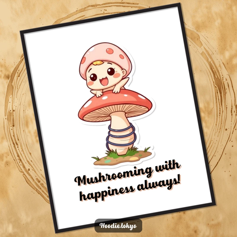 Funny Free Printable Wall Art: A character with a wide grin is joyfully bouncing on a large, cartoonish mushroom.