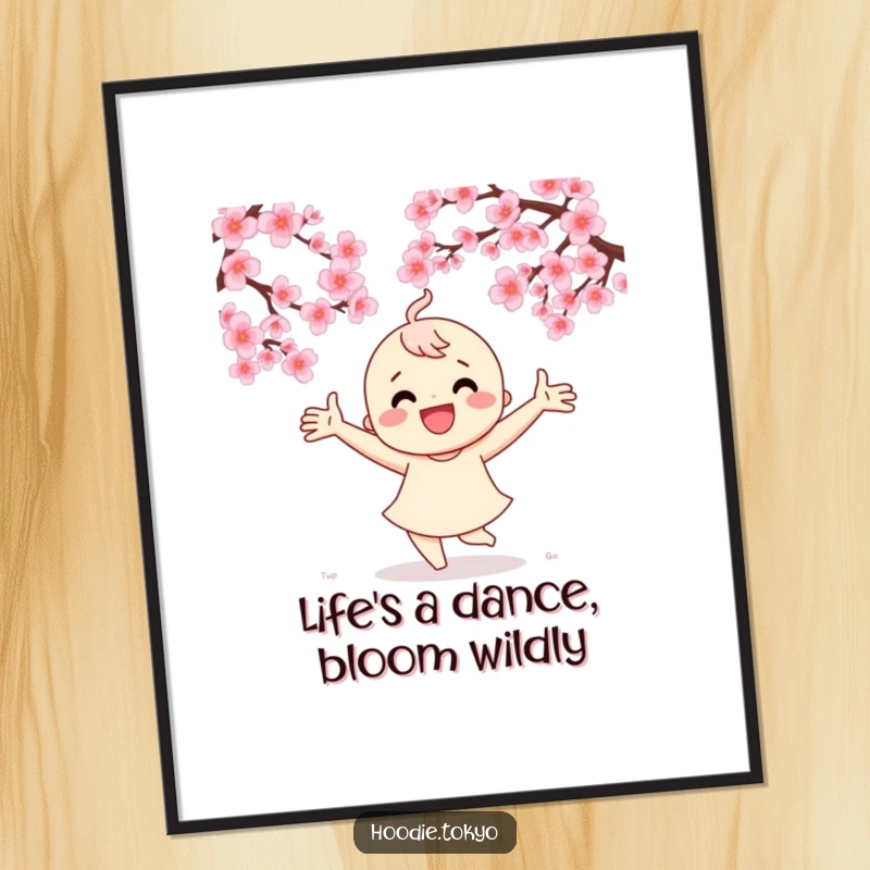 Funny Free Printable Wall Art: Character dancing joyfully under cherry blossoms, arms outstretched, embodying pure happiness.
