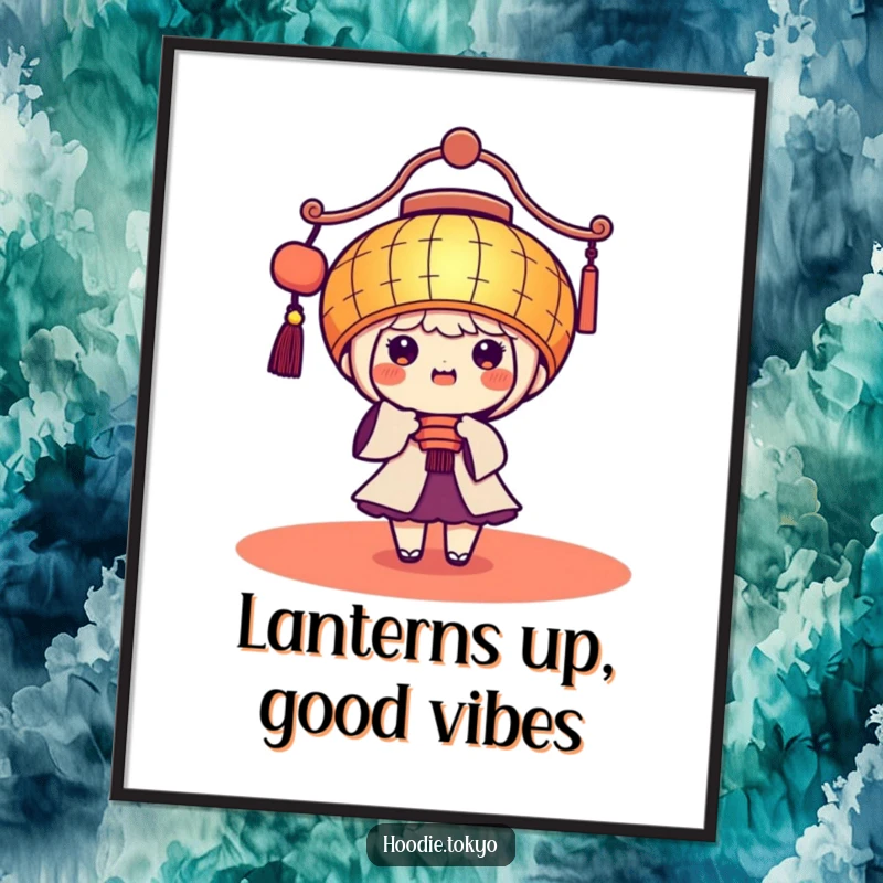 Funny Free Printable Wall Art: A kawaii character wearing a giant festive lantern, beaming brightly with joy, downloadable decor.