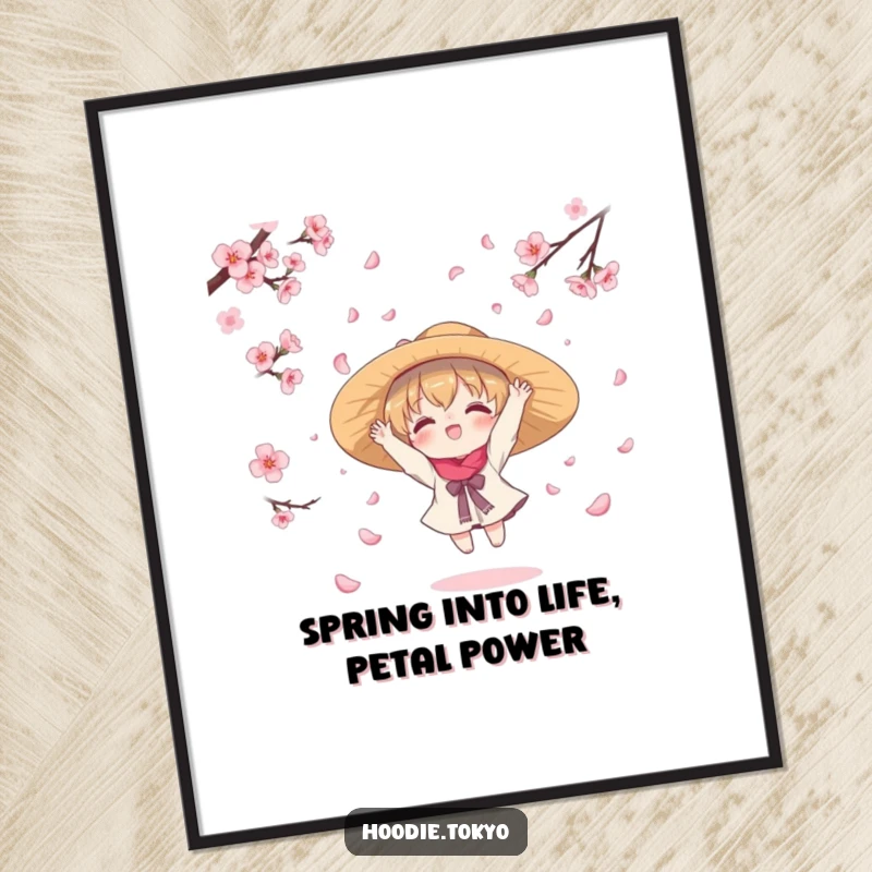 Funny Free Printable Wall Art: Kawaii character joyfully catching falling cherry blossom petals in a wide-brimmed hat, a serene and cute scene.