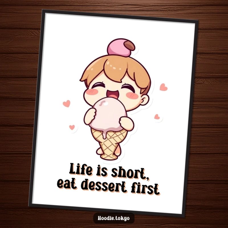 Funny Free Printable Wall Art: Kawaii character with eyes closed, happily indulging in a giant cone of ice cream, pure delight.