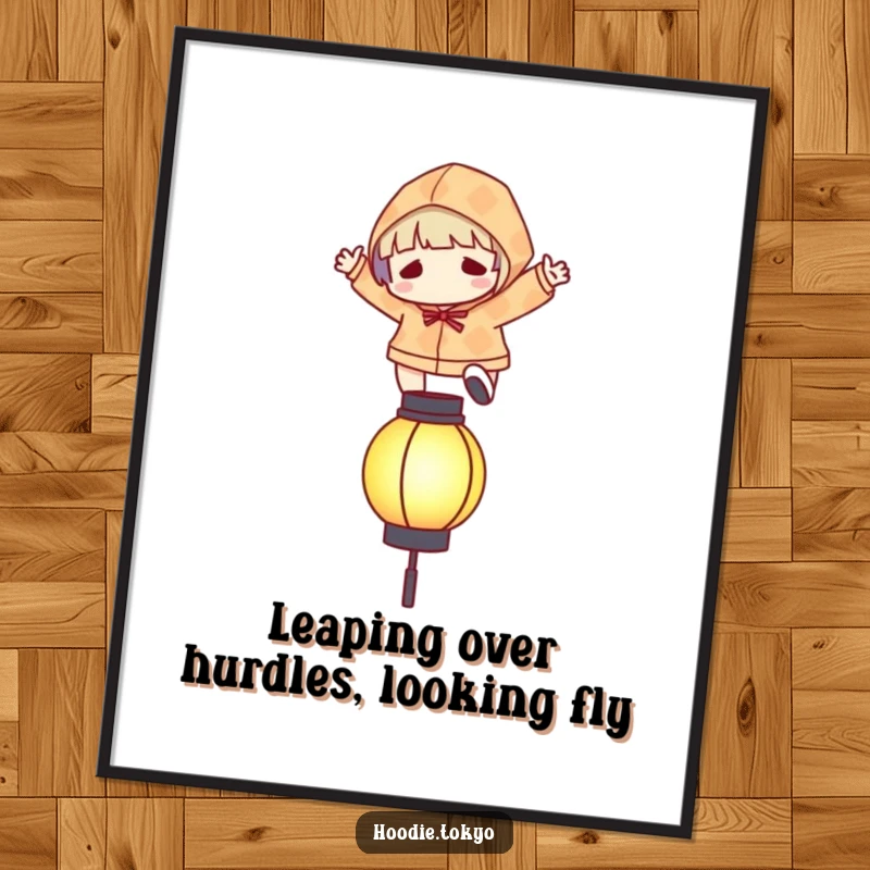 Funny Free Printable Wall Art: Character in a patterned hoodie leaping over a stylized, glowing lantern for dynamic decor.
