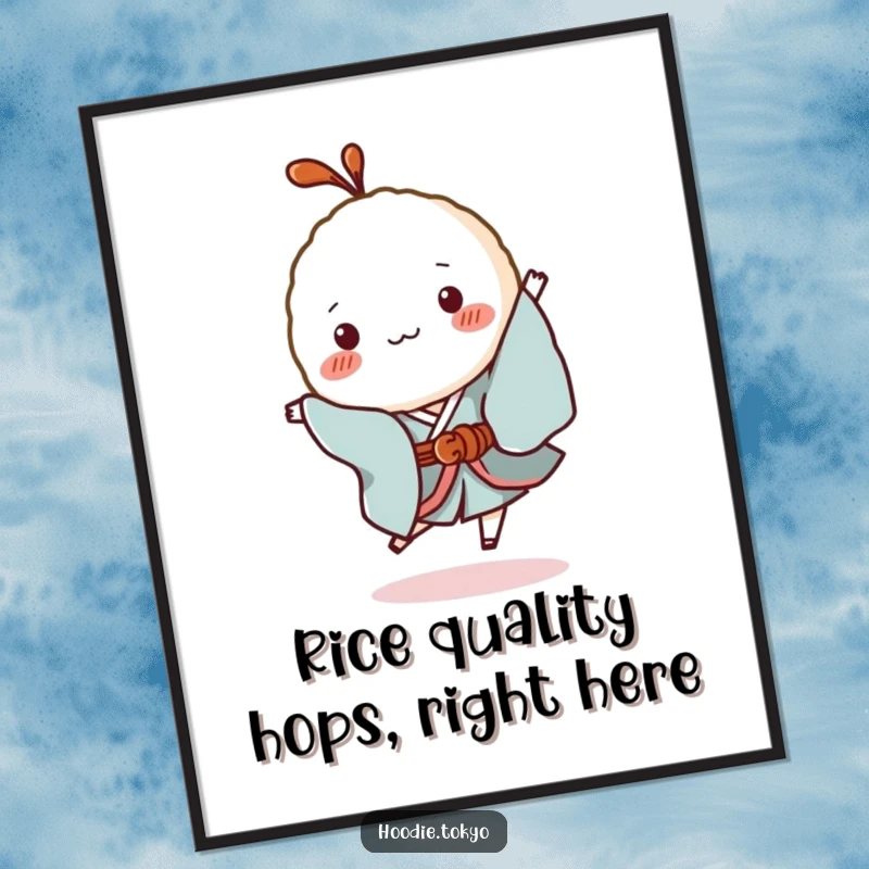 Funny Free Printable Wall Art: A tiny rice ball character in a kimono doing a silly hop, adding playful vibes.