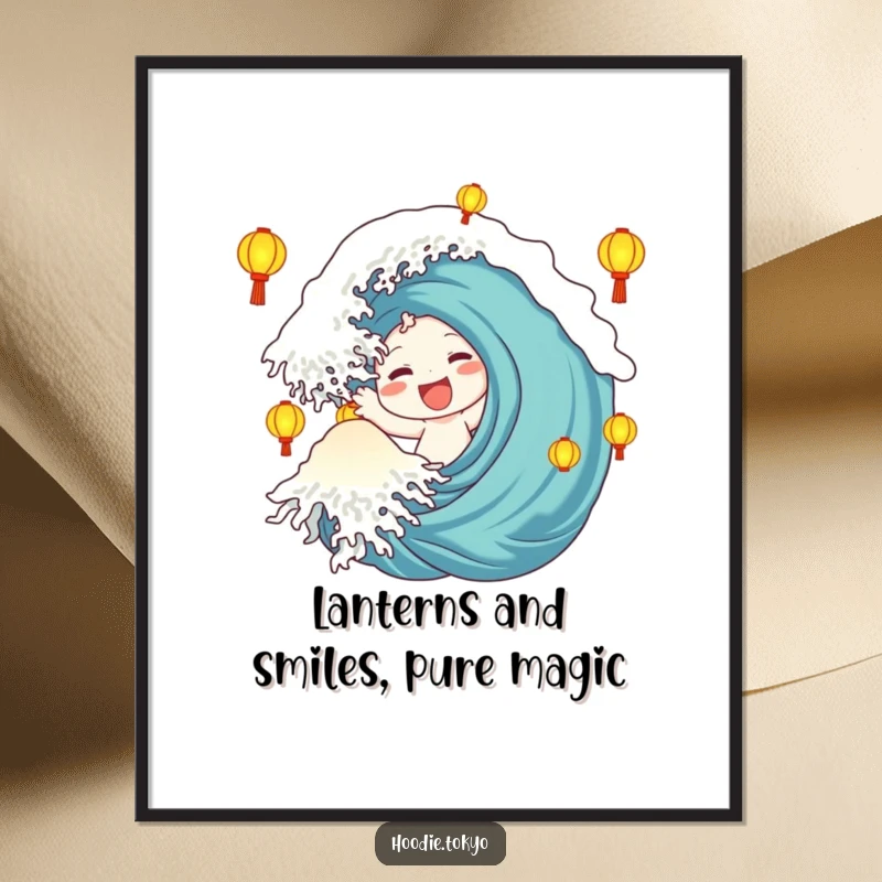 Funny Free Printable Wall Art: Character with a large, happy wave surrounded by the magical glow of numerous lanterns.