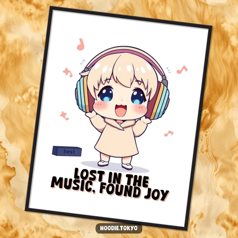 Funny Free Printable Wall Art: Character wearing oversized headphones bops excitedly to unseen music, radiating pure joy.