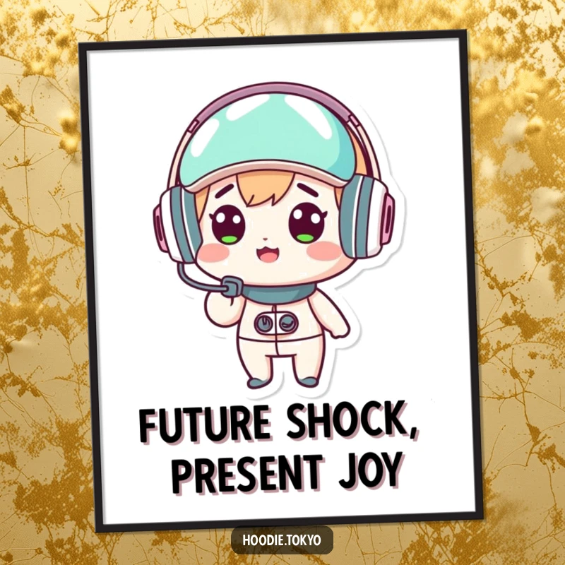 Funny Free Printable Wall Art: A kawaii character in a futuristic headset, eyes wide with an expression of pure surprise.