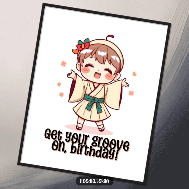 Funny Free Printable Wall Art: A playful character in traditional Japanese garb performing a humorous, high-energy dance.