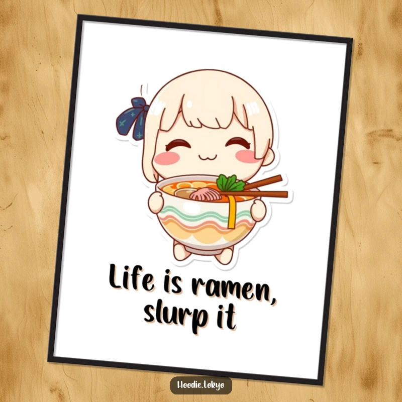 Funny Free Printable Wall Art: Cheerful character with a big smile, extending a bowl of savory ramen, perfect for food-themed decor.