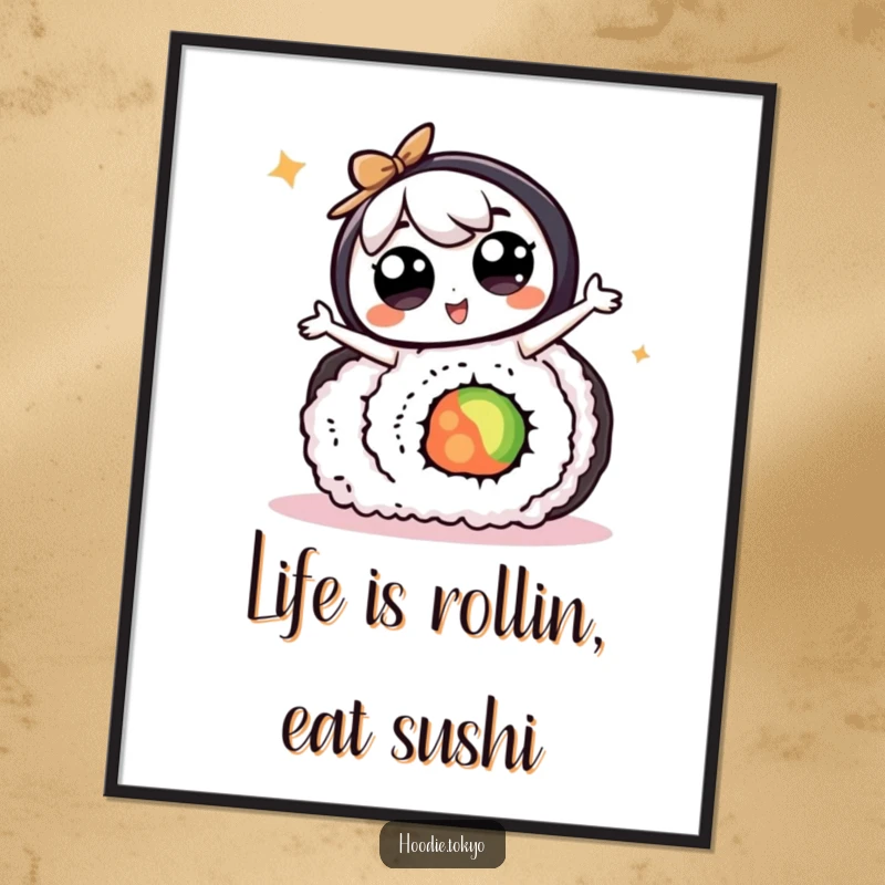 Funny Free Printable Wall Art: A kawaii character with big eyes dancing energetically on a giant sushi roll.