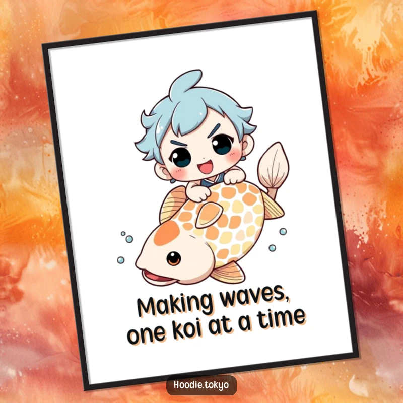 Funny Free Printable Wall Art: Character with a determined grin attempting to ride a giant koi fish, a humorous scene.