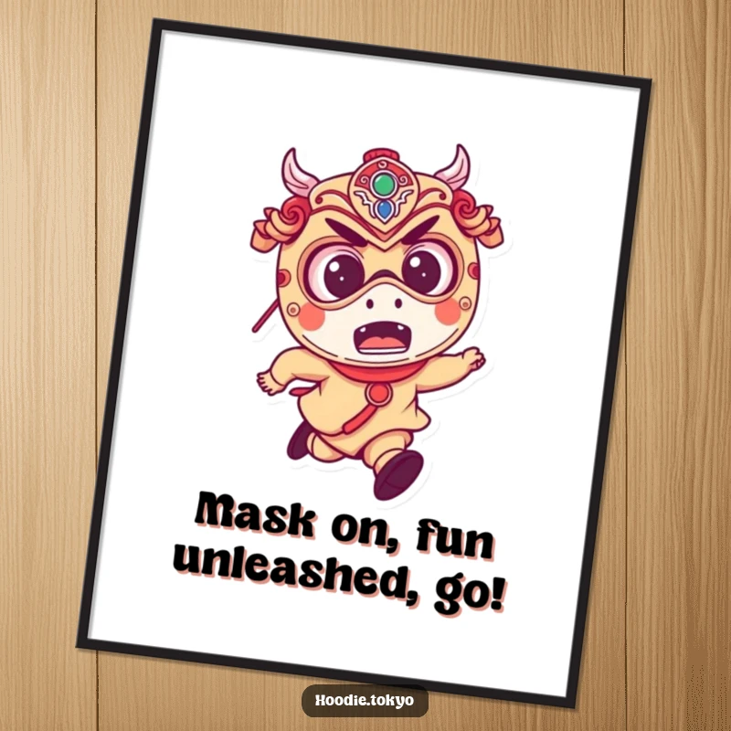 Funny Free Printable Wall Art: Small, mischievous character with wide, excited eyes, wearing a traditional Japanese festival mask, captured mid-run.