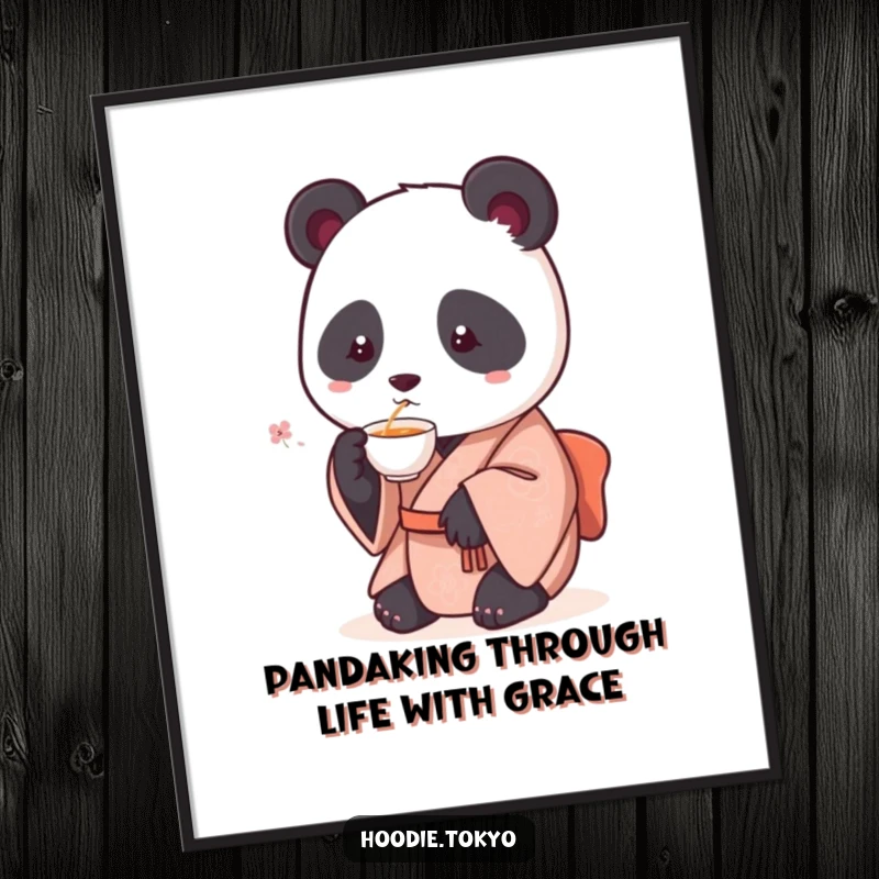 Funny Free Printable Wall Art: Adorable Round Panda in Kimono Sipping Tea, Bringing Zen and Humor to Your Wall Decor.