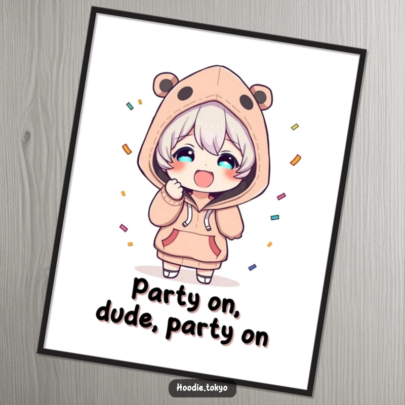 Funny Free Printable Wall Art: a character in a unique hoodie throws confetti with a look of pure delight.