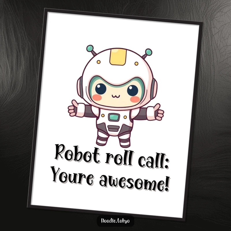 Funny Free Printable Wall Art: Kawaii character wearing a tiny robot costume, arms outstretched in a welcoming, futuristic pose.