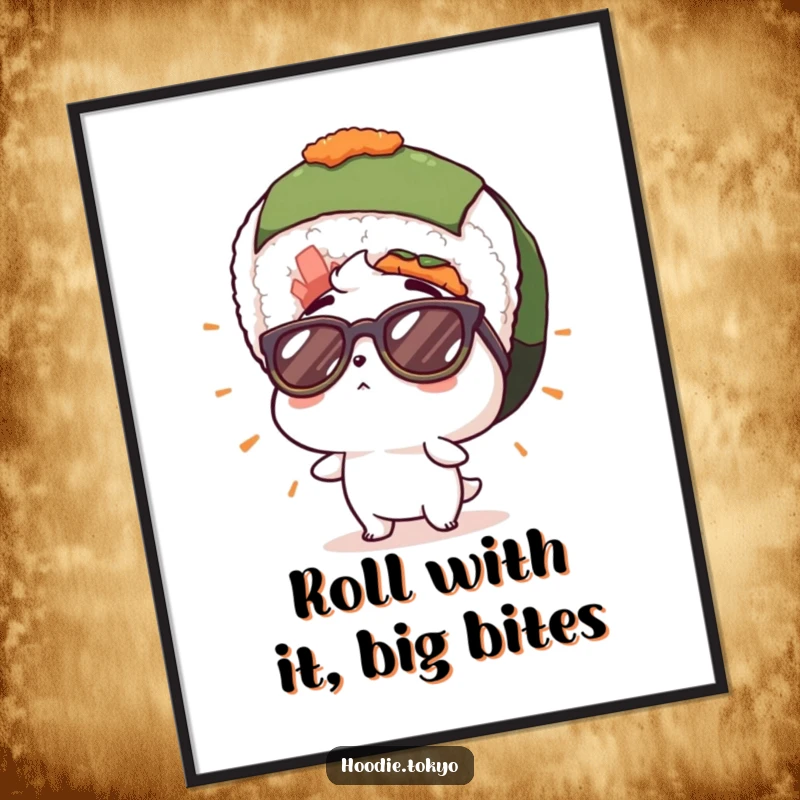 Funny Free Printable Wall Art: Surprised character in cool sunglasses looking up at a giant sushi roll, a humorous and artistic piece.
