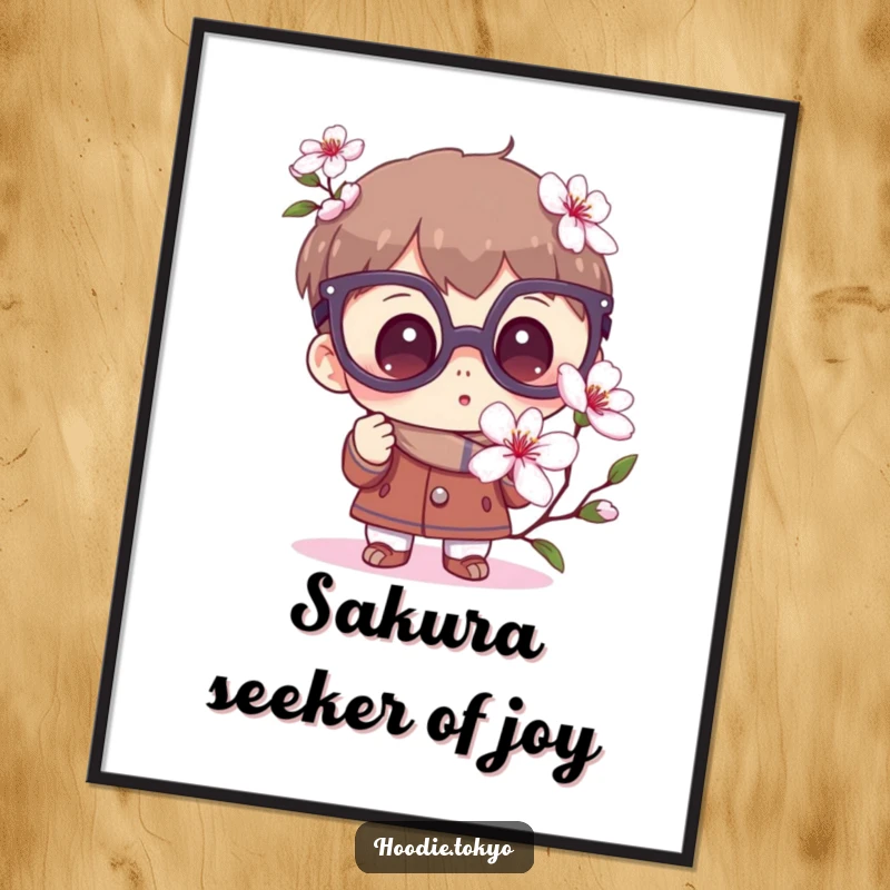 Funny Free Printable Wall Art of a character with enormous glasses, gazing with awe at a delicate sakura flower.