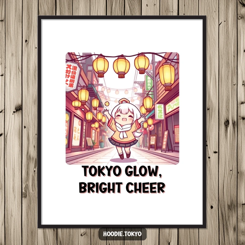 Funny Free Printable Wall Art: Adorable Kawaii character joyfully juggles glowing lanterns on a Tokyo street.