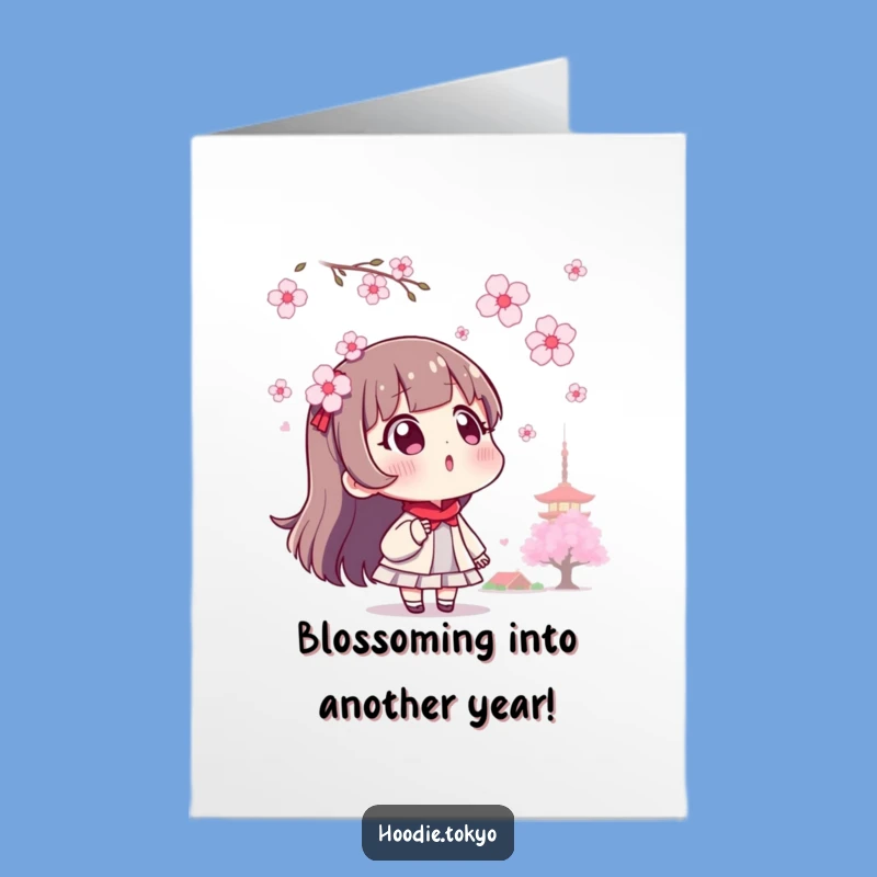 Free Printable Birthday Card: Surprised Tokyo Character & Cherry Blossoms Funny Card