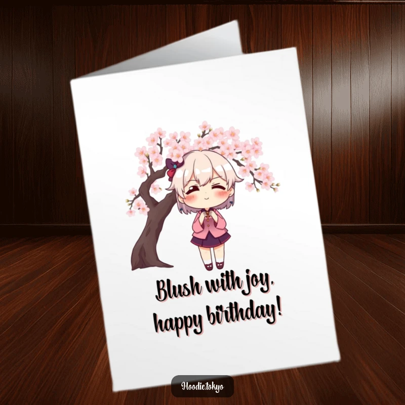 Funny Free Printable Birthday Card: Character with huge blush striking a dramatic pose before a cherry blossom tree.