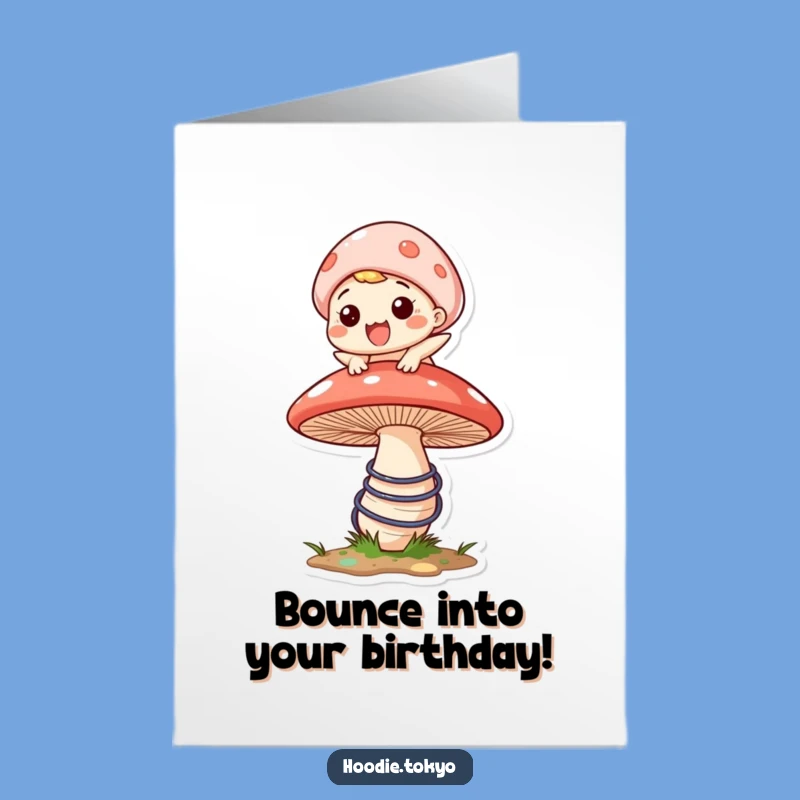 Free Printable Birthday Card: Bouncing Mushroom Fun, Joyful Character Greeting
