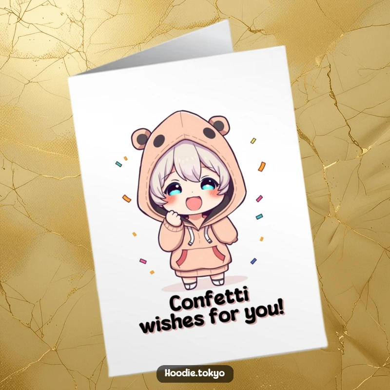 Funny Free Printable Birthday Card: a character in a unique hoodie joyfully throws a burst of confetti.