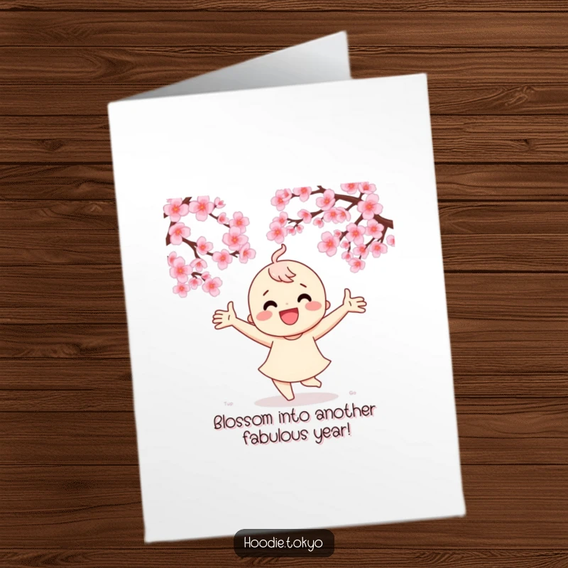 Funny Free Printable Birthday Card: Character dancing joyfully under cherry blossoms with arms outstretched, spreading happiness.