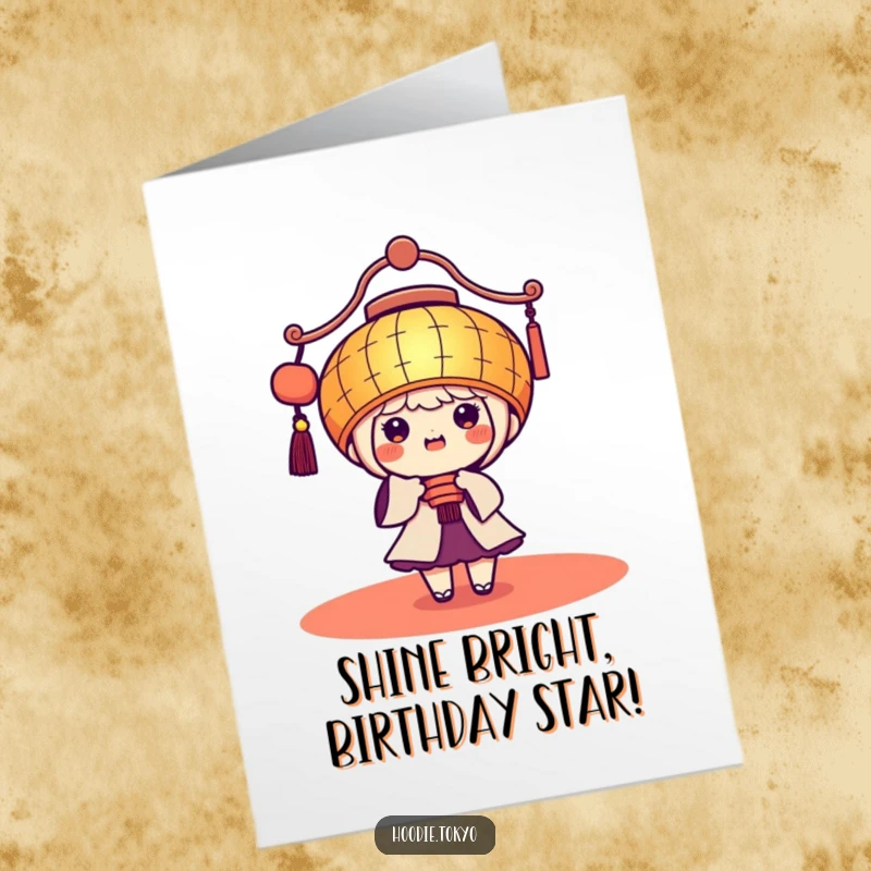 Funny Free Printable Birthday Card: Cute kawaii character holding a giant festive lantern, beaming with happiness, a bright downloadable.