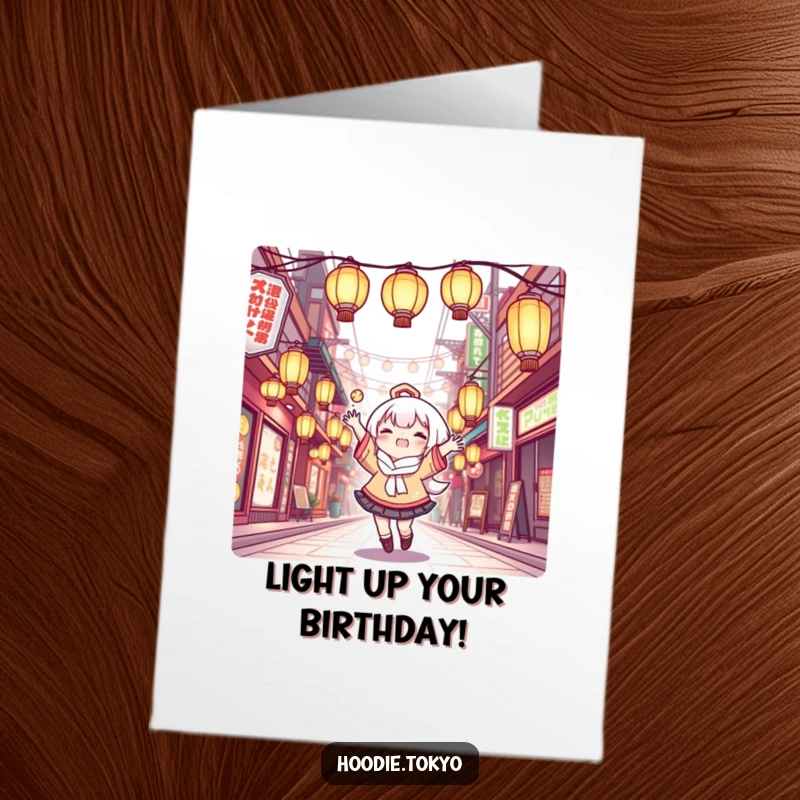 Funny Free Printable Birthday Card: Kawaii character joyfully juggles glowing lanterns in a Tokyo street.