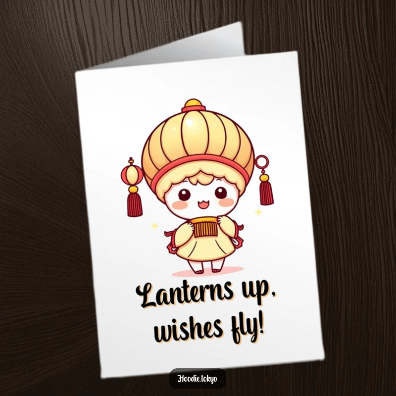 Funny Free Printable Birthday Card: Kawaii character holding a glowing lantern, beaming with joy and festive spirit.