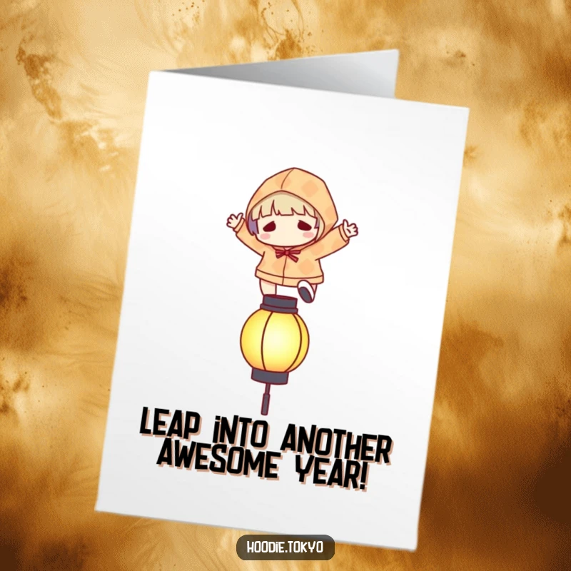 Funny Free Printable Birthday Card: Character in a patterned hoodie leaping skillfully over a stylized, glowing lantern.