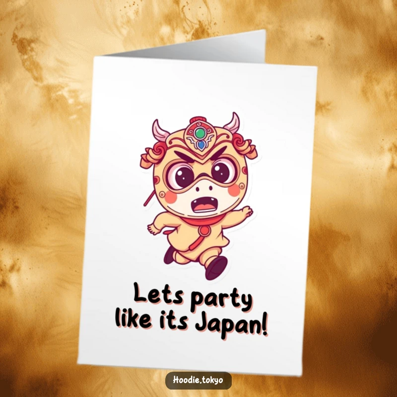 Funny Free Printable Birthday Card: Small, mischievous character with big excited eyes, wearing a Japanese festival mask, running joyfully.
