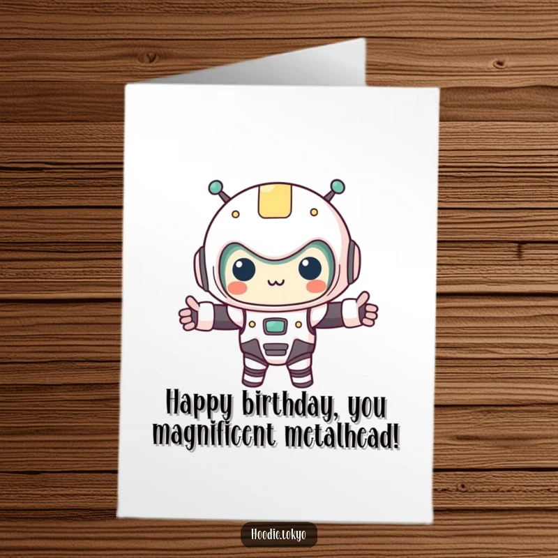 Funny Free Printable Birthday Card: Kawaii character in a tiny robot costume, arms outstretched in a friendly, robotic birthday greeting.