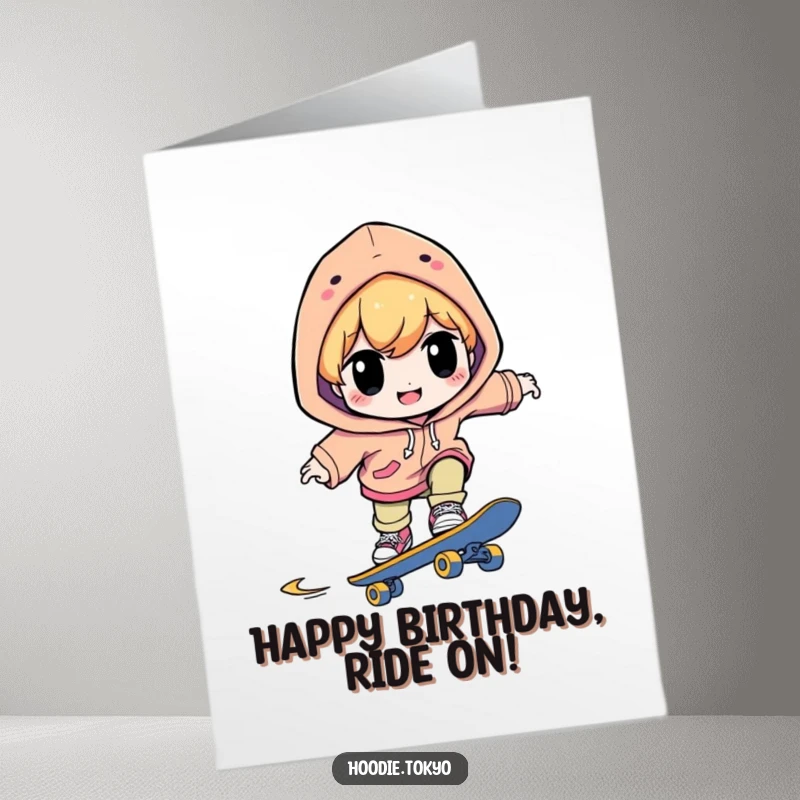 Funny Free Printable Birthday Card: a smiling character in a bright hoodie concentrates while skateboarding.
