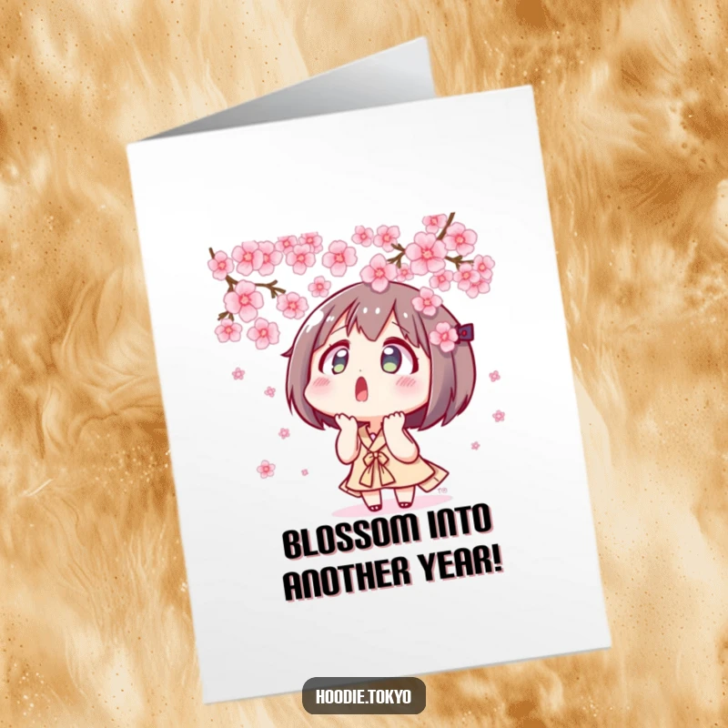 Funny Free Printable Birthday Card: Surprised Tokyo character gazing upwards in awe at a shower of delicate, floating cherry blossoms.