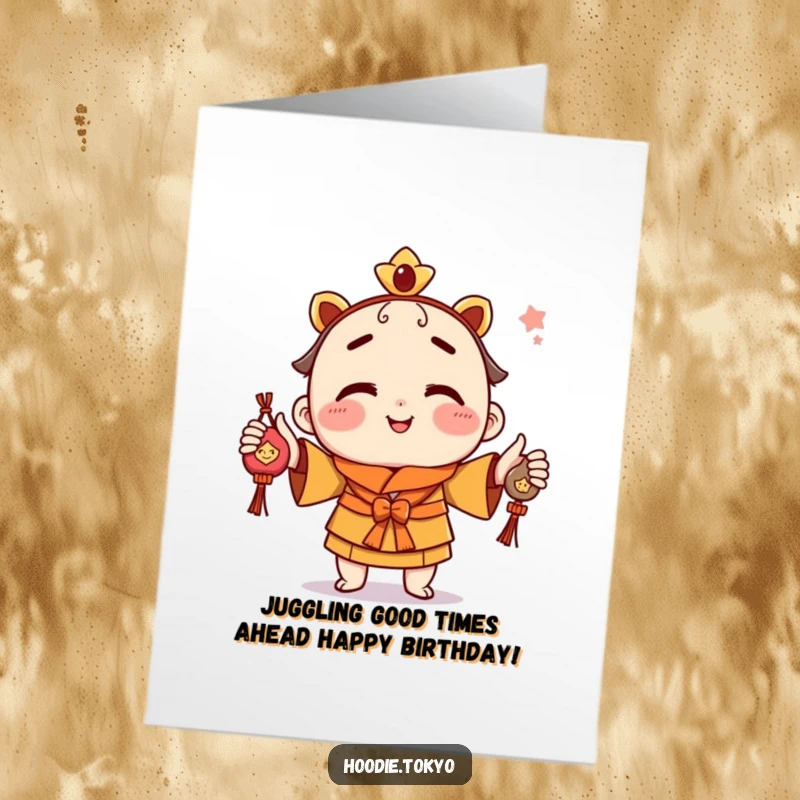 Free Printable Birthday Card: A playful character with a cheeky grin juggles colorful omamori charms for a birthday wish.