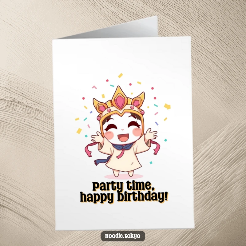 Funny Free Printable Birthday Card: Character in a festival mask joyfully throwing colorful confetti into the air.