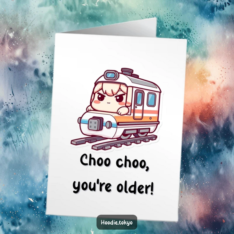 Funny Free Printable Birthday Card: Determined Kawaii character speeds on a tiny bullet train, ready for birthday adventure.