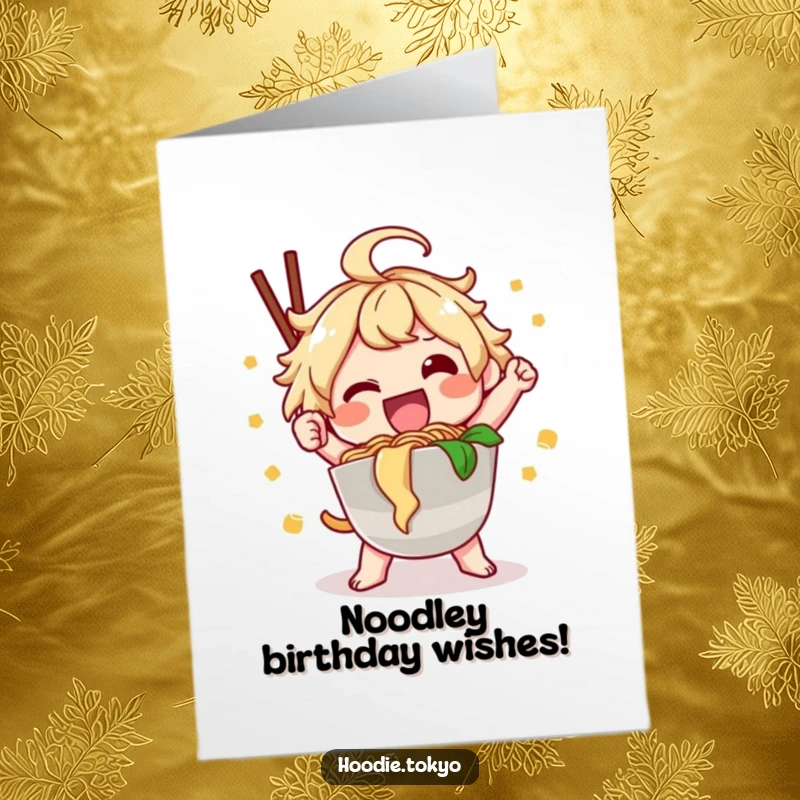 Funny Free Printable Birthday Card: Happy Kawaii character poses dynamically with a steaming bowl of ramen.
