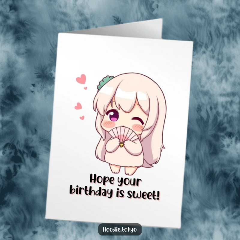 Funny Free Printable Birthday Card showing a blushing character fanning themselves shyly, glancing at an unseen admirer.