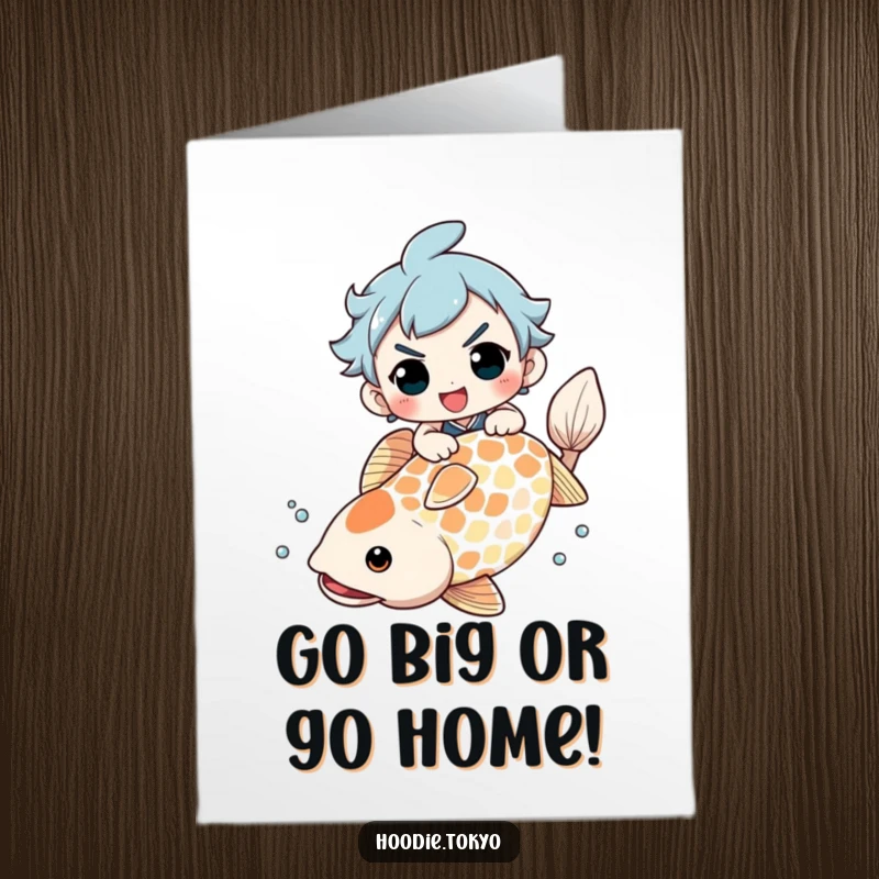 Funny Free Printable Birthday Card: Determined character hilariously attempts to surf a giant koi fish, full of birthday cheer.