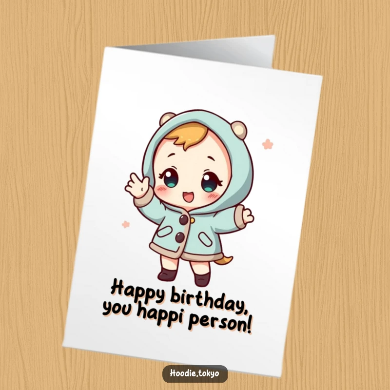 Funny Free Printable Birthday Card: Cute character in a happi coat striking a playful pose, exuding fun and birthday cheer, downloadable.