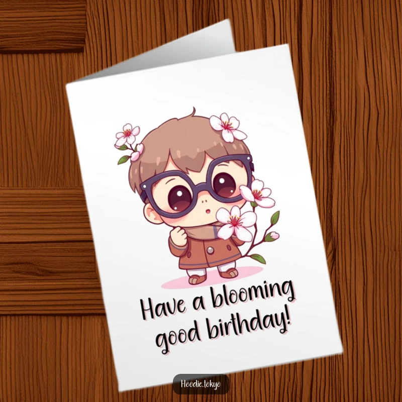 Funny Free Printable Birthday Card showing a character with huge glasses, marveling at a blooming sakura flower.