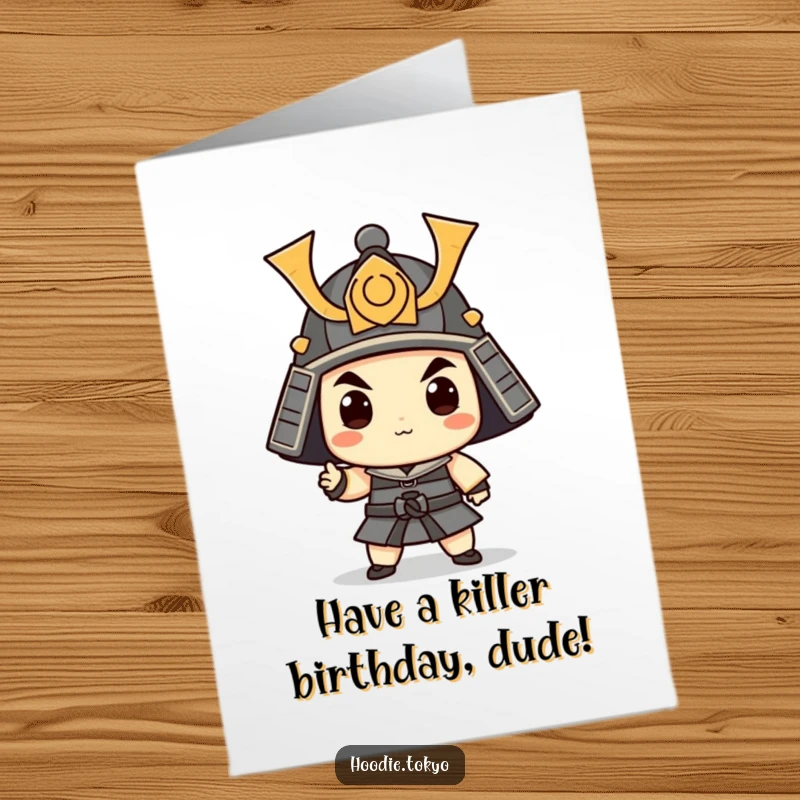 Funny Free Printable Birthday Card featuring a whimsical character in a tiny samurai helmet, striking a hilarious pose.